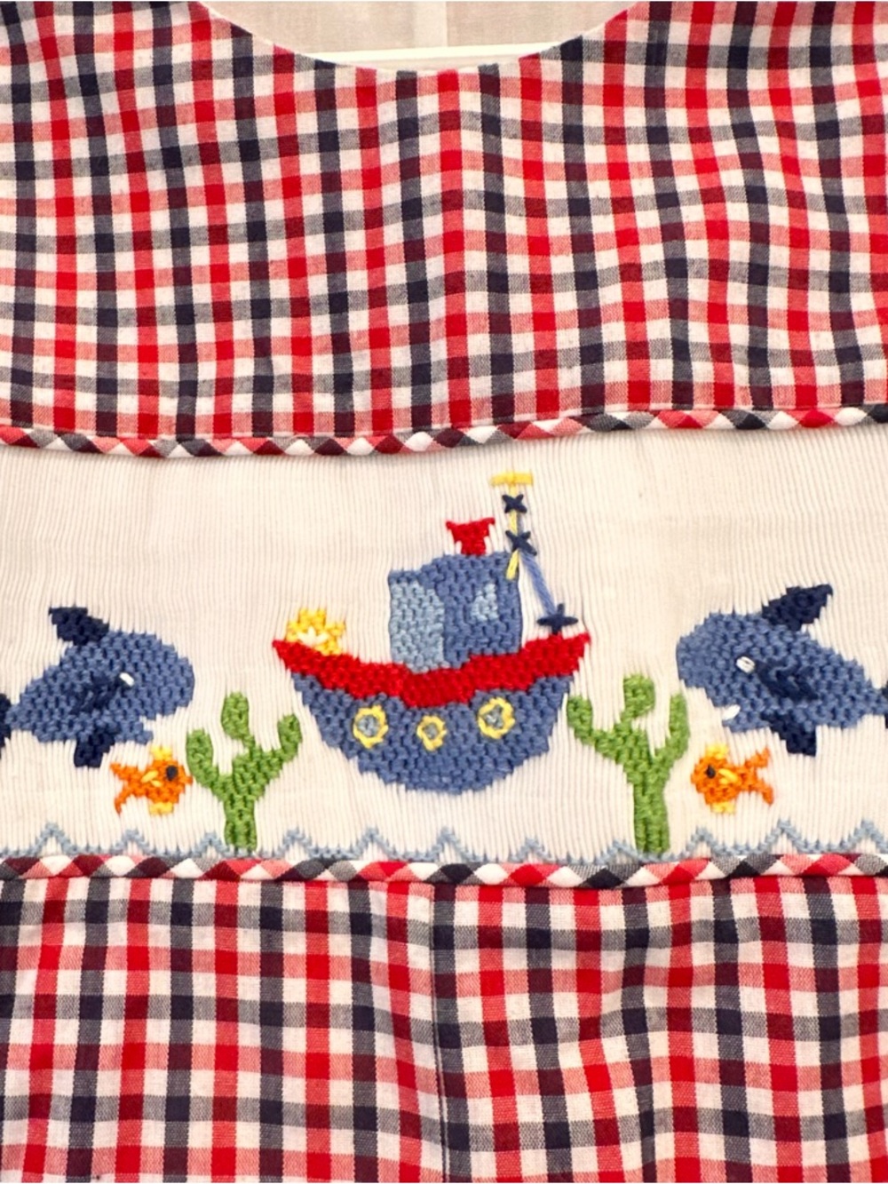 Three Sisters Boys 9M Smocked Red White & Blue Check Shortall Romper Boat Fish - Picture 4 of 11